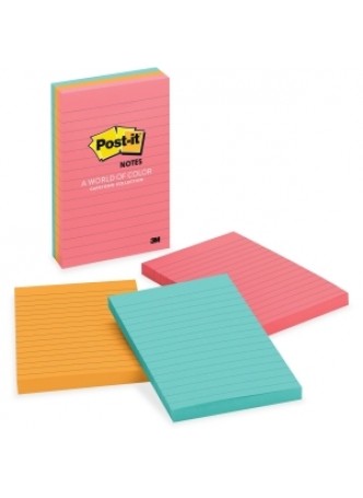 Post-it 660-3AN Cape Town Lined Notes, Repositionable, 4" x 6",Assorted colors, Pack of 3